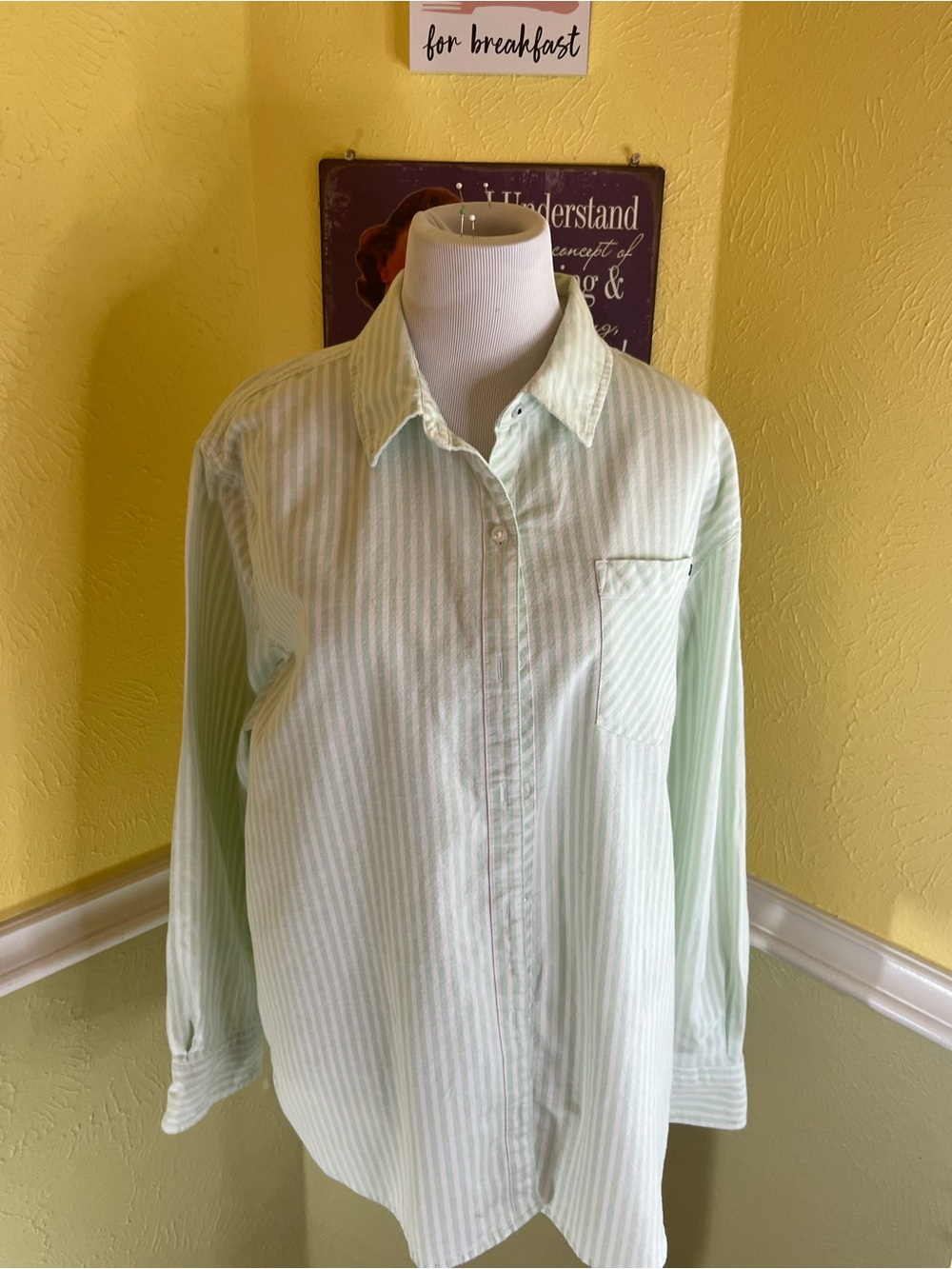 Crown and Ivy -Light Mint Green Striped Button-Up Shirt  Large